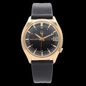 Vintage 34mm Accutron Black Dial Men's Tuning Fork Wristwatch 218 USA 10k RGP